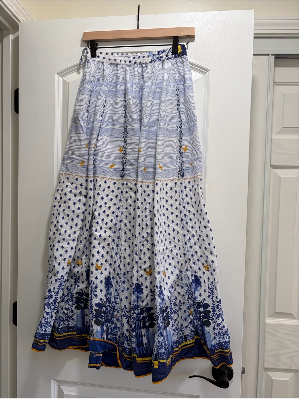 BIBA Mixed Print Wide Leg Palazzo Pants White Blue Indigo Size M